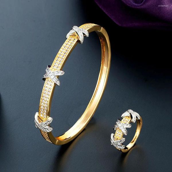 Halskette Ohrringe Set Zlxgirl Gold und Silber gemischt plattierter Armreif mit Ring Feines kubisches Zirkon-Kupfer-Armband