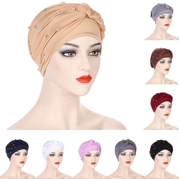 Diamanti Signore Musulmano Hijab Turbante Trecce Berretti Indiano Chemio Cap Head Wrap Sciarpa Perdita di capelli Copricapo Bonnet Femme Cancer Caps