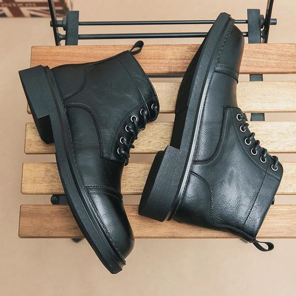 Botas masculinas pretas vintage com cadarço curto retrô clássico tornozelo festa casamento casual couro