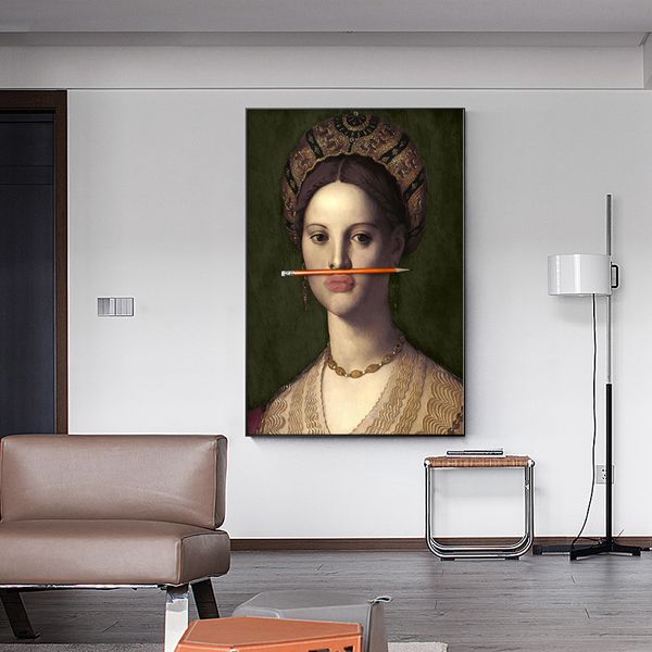 Pittura a olio classica europea su tela Poster Penna e labbra Stampe creative Arte della parete Immagini decorative divertenti per il soggiorno