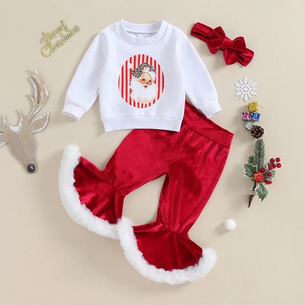 Set di abbigliamento Baby Girl Bell Bottoms Set di vestiti Lettera Babbo Natale Pagliaccetto Felpa Pantaloni svasati Bambino Natale San Valentino Outfit 231113