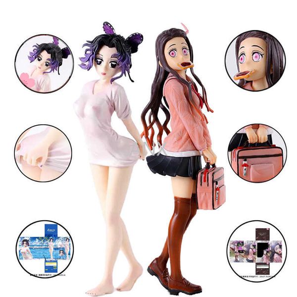 Figuras de brinquedo de ação 25cm Slayer Anime Figura Kochou Shinobu Uniforme Nezuko Kamado PVC Ação Figura Kimetsu No Yaiba Figura modelo Doll Toys AA230413