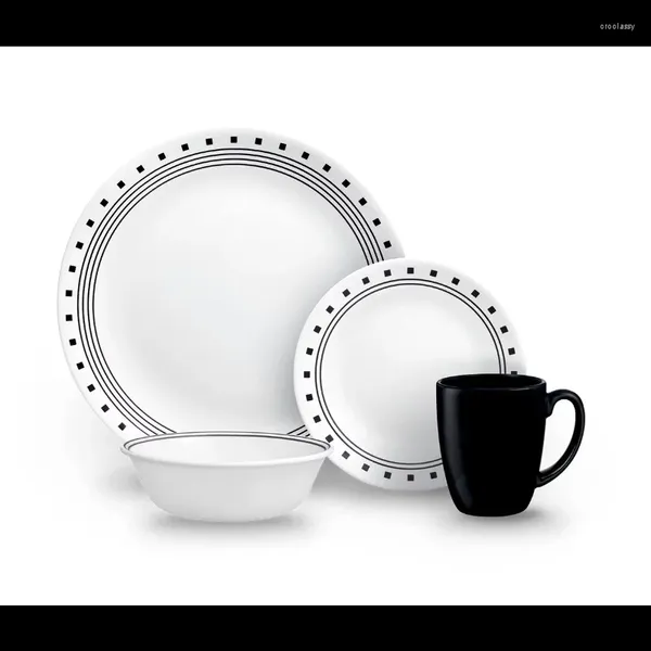 Pratos Corelle Classic City Block Conjunto de louça branca e preta de 16 peças