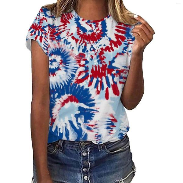 Damen T-Shirts Damen Casual America Flag Print O-Ausschnitt Kurzarm Bluse Tops Langes Polyester Spandex Fashion Shirt Herren