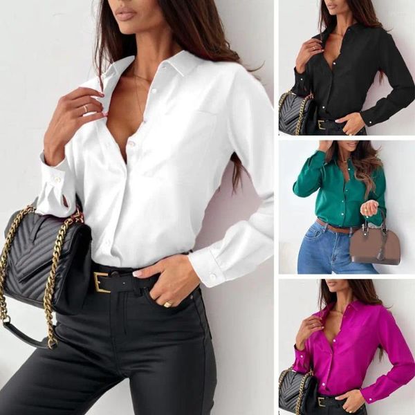 Blusas femininas de cor sólida topo fino camisa chique chique único breasted lapela blusa elegante primavera/outono negócios para formal