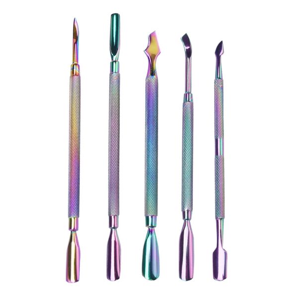 Pusher per cuticole in acciaio inossidabile a doppia estremità Dispositivo di rimozione della pelle morta per Pedicure Manicure Nail Art Cleaner Care Tool Rainbow Wax Dabber Tools Metal Dab DHL