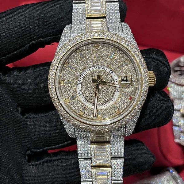 AP Diamond Watch, hochwertige Iced Out-Uhr, voll funktionsfähig, automatisches Uhrwerk, 42 mm, silberfarben, zwei Steine, wasserdicht, 904 Edelstahl, rahmenloses Set, CZ-Saphirglas
