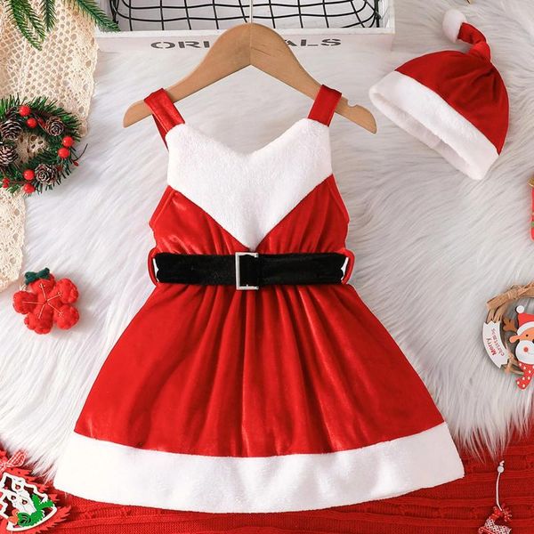 Vestidos da menina natal crianças roupas do bebê cosplay papai noel traje da criança natal sem mangas vestido de lã chapéu 2 pçs roupa para festa de carnaval