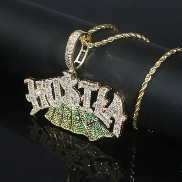 Iced Out Lettera Hustla Ciondolo con collana a catena in corda pavimentata 5a CZ PIETRA PER Donna Uomo Dollaro americano Gioielli Hip Hop Drop Ship