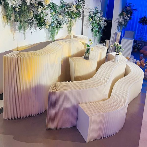 Dekoration Event Party Bühnendekoration Rückentropfen liefert weiße Blume Hintergrundständer Hochzeit Papier Vielseitiger faltbarer Ausstellungsstand Blumen-Dessert-Show-Tisch