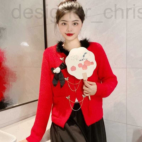 Suéteres femininos designer de luxo 23 início do outono novo estilo chinês corrente de alta qualidade gravata borboleta moda idade reduzindo cardigan top para mulheres