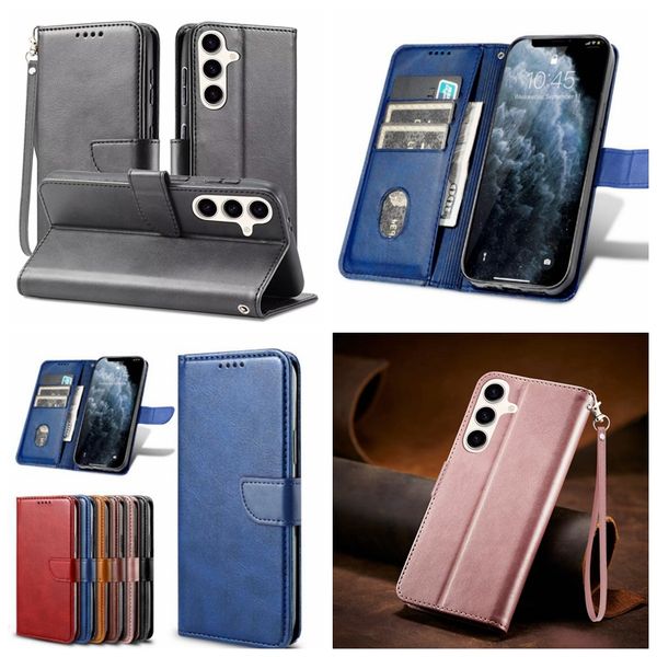 Business Leather Wallet Cases For Samsung S23 FE Ultra S22 Plus A15 A04 M54 A54 A34 A24 A14 A04E A13 A33 A53 A73 Retro Flip Cover ID Card Slot Holder Vintage Pouch Strap