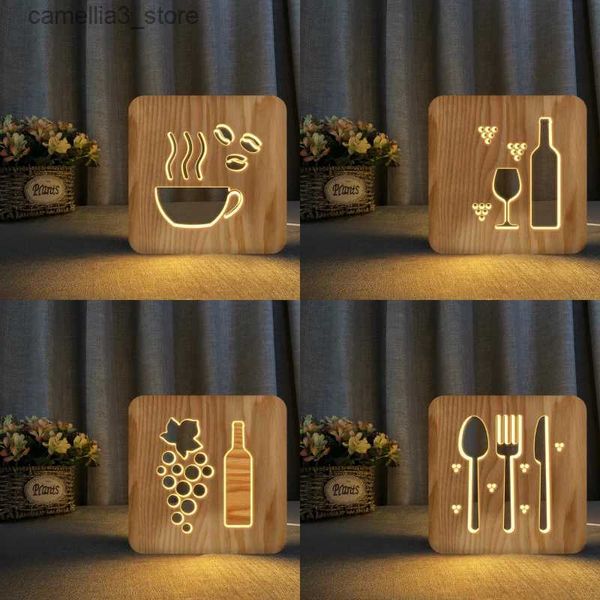 Nachtlichter, 3D-LED-Holz-Nachtlicht, Tasse Kaffee, Tee, Luminaria, Weinglas, modische Lampe für Café, Restaurant, Esszimmer, Dekoration, Q231114