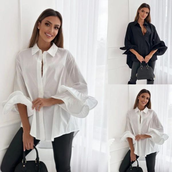 Damenblusen Vintage Trompetenärmel weißes Hemd Y2k Mode Revers einreihig einfarbig schwarz Bluse Street Damenbekleidung 2XL