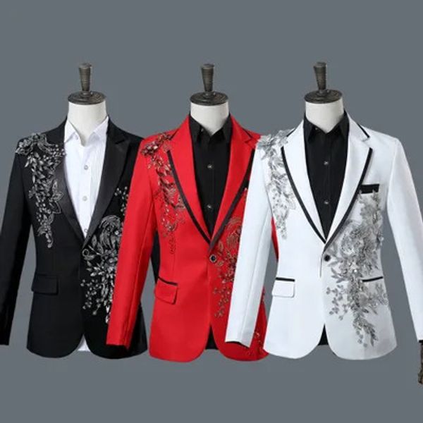 Abiti da uomo Blazer Maschili Double-side 3D Ricami di cristallo Fiori Cantante di scena Discoteca Giacca da uomo Bar Giacca da sposa da uomo Masculino 231113