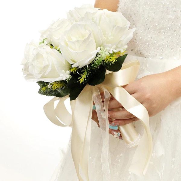Flores decorativas YOMDID segurando buquê de casamento de rosa artificial com fita de cetim de seda portátil decoração de festa de dia dos namorados