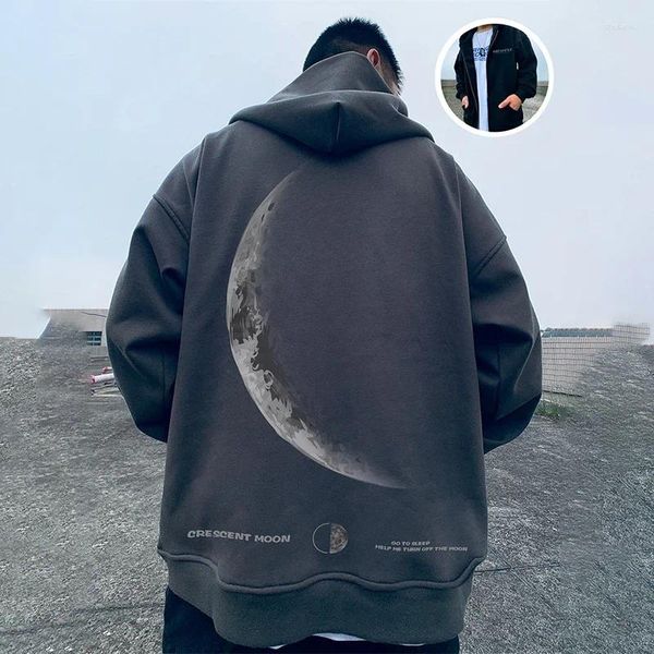 Herren Hoodies Herbst Crescent Moon Grafik Gedruckt Zip Up Für Männer Lose Y2K Vintage Mit Kapuze Sweatshirts Goth Streetwear Fleece Hoody