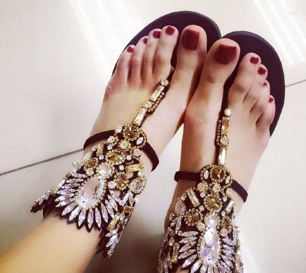 Sandalen INS Frau Sommer Strand Diamanten Flache Sandale Bling Schleife Strass T Riemen Flip-Flops Kristall