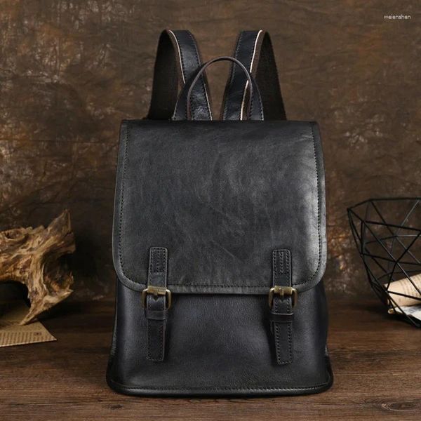 Sacos escolares moda couro genuíno mochila para mulheres vintage casual simples mochila senhora grande capacidade saco preto t509