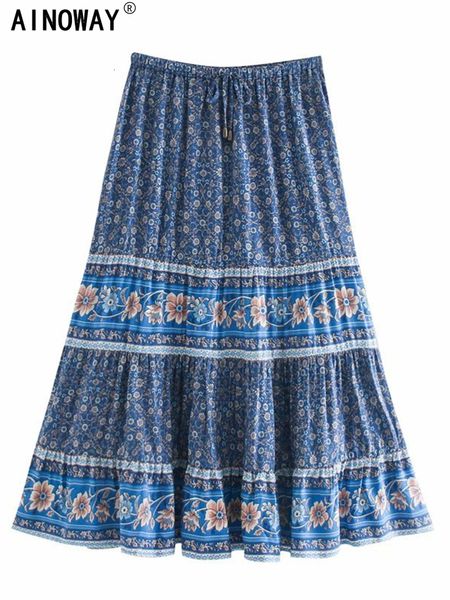 SKIRTS VINTAGE CHIC HIPPIE MULHERM FLORAL IMPRESSO DE PRAIA ELÁSTICA PRAIA ELÁSTICA PRAIA SAIL BOHEMIAN LADIAS RAYON RAYON ALGONE A-LINE BOHO SAIRS MIDI