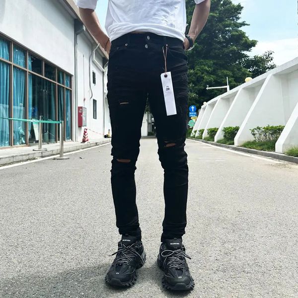 Herren Jeans Street Fashion Designer Lila Jeans Herren Button Flight Schwarz Elastisch Enge Riss Jeans Button Flight Hip Hop Marke Hosen 231114