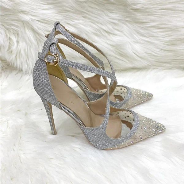 Sandálias femininas diamante artificial cruz cinta salto alto gaze sapatos de casamento lantejoulas pontas brilhantes