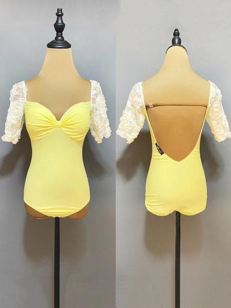 Stage Wear Sexy Latin Dance Tops Backless Mangas Curtas Amarelo Bodysuit Adulto Ballroom Desempenho Traje Prática Roupas JL5805