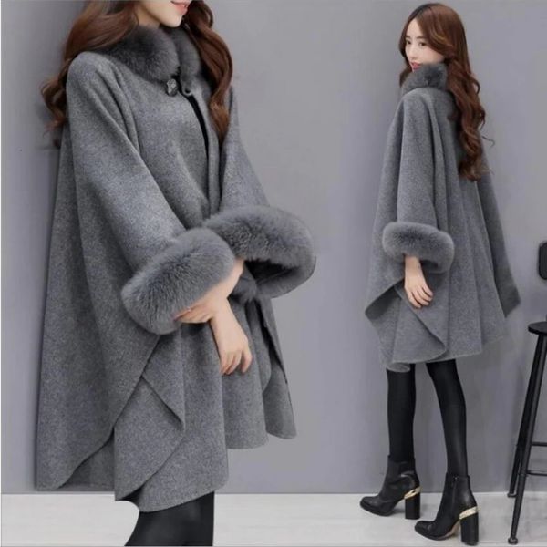 Ful feminino FAUX Pur mulheres elegantes casacos de inverno capa de manga macia Lady Lady Woolen sobretudo capa raposa colarinho quente ponchos