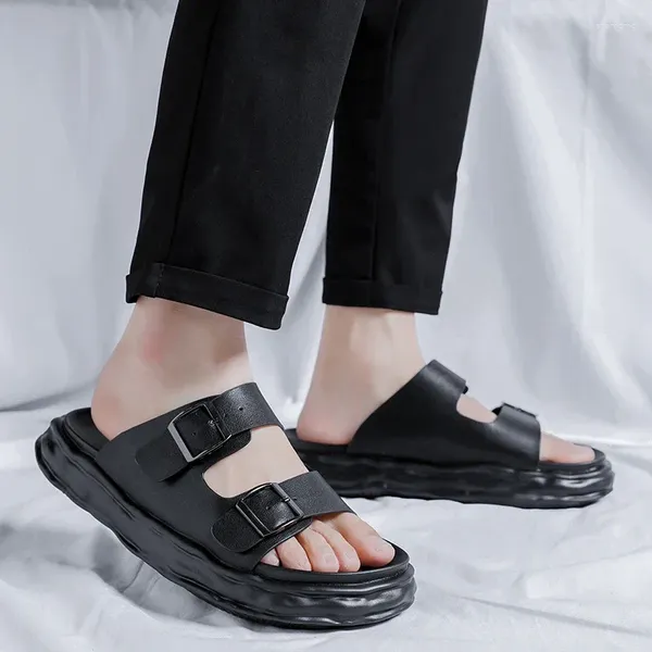 Hausschuhe Sommer Leder Strand Schuh dicke Sohlen Plattform Designer Schuhe für Männer Doppelknopf Flip-Flops