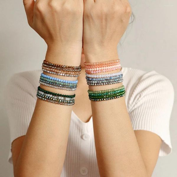 Strand boêmio multicolorido cristal frisado pulseira conjunto moda feminina envoltório de pulso estiramento pulseiras jóias atacado a granel