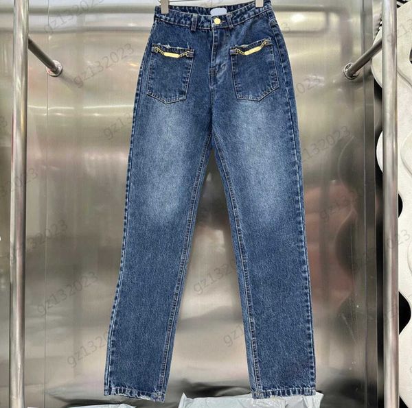 Jeans alla moda Donna Tasca con catena in metallo Pantaloni in denim a vita alta Stile classico Versione ampia a gamba larga Tipo Pantaloni jolly casual Jeans per donna 1970