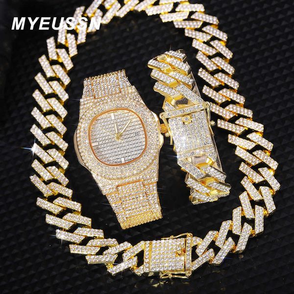 Collane con ciondolo New Iced Out Watch Mens Cuban Link Chain Bracciale Collana Girocollo Gioielli Bling Uomo Catene Big Gold Color Hip Hop Punk Watch Set T230413