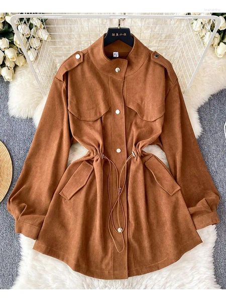 Trench da donna Donna Autunno Inverno Stile di lavoro minimalista Sensazione di fascia alta Cappotto monopetto sottile allentato di media lunghezza D5530