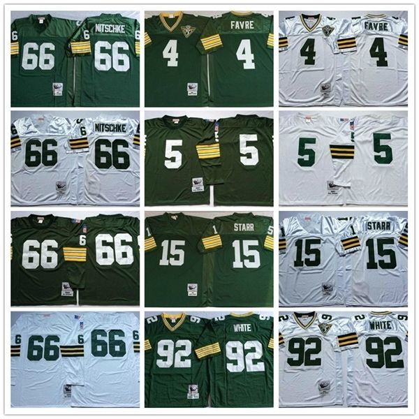 Gerileme Futbol Forması 75. 4 Brett Favre Jersey 15 Bart Starr 66 Ray Nitschke 92 Reggie Beyaz Gömlek Ed Vintage