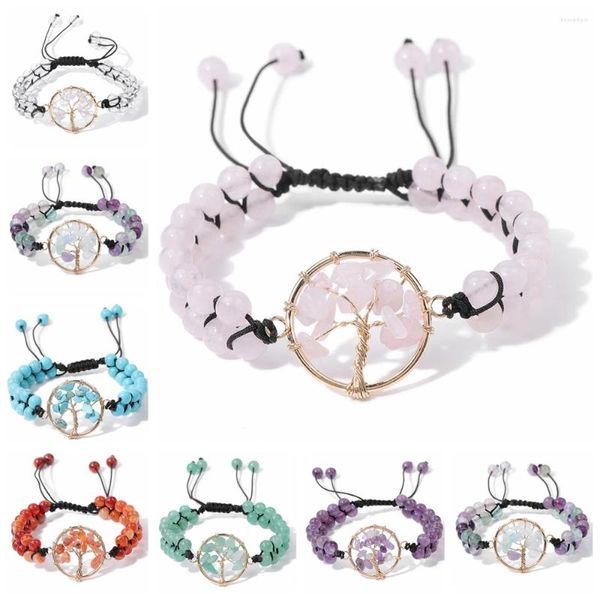 Charme pulseiras pedra natural quartzo trançado pulseira árvore da vida para mulheres homens ajustável cura yoga jóias gota