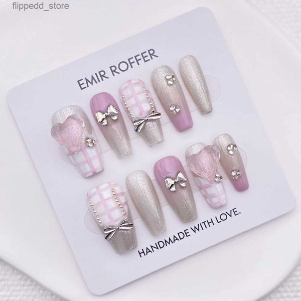 Накладные ногти Милая розовая клетка Французские ногти с галстуком-бабочкой Симпатичная принцесса Каваи Y2k Поддельные накладные ногти для вечеринки для девочек Q231114