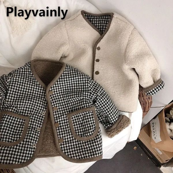 Para baixo casaco estilo coreano inverno menino menina roupas reversíveis begecoffee lambswool xadrez único breasted jaqueta crianças quente e89338 231113