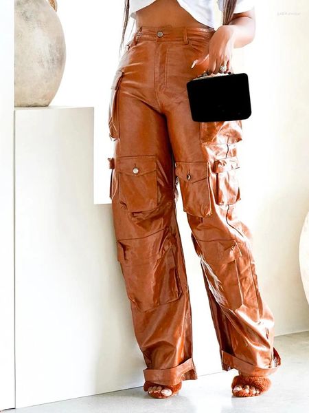 Calças femininas streetwear calças de carga de couro para mulheres cintura alta bolsos emendados vintage sólido solto feminino outono roupas