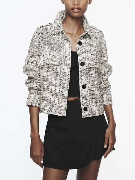 Damenjacken Kleidung für Frauen 2023 Büro Elegante strukturierte Tweedjacke Reverskragen Pattentaschen Button Up Freizeithemd