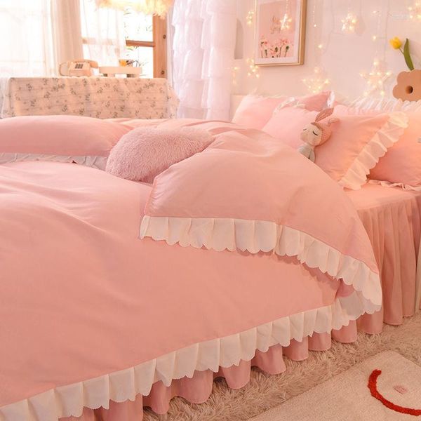 Bettwäsche-Sets, Mädchen, Herz, Bettdecken, Rock, vierteilig, luxuriös, im koreanischen Prinzessinnen-Stil, dicker Schleifbettbezug, drei Sets