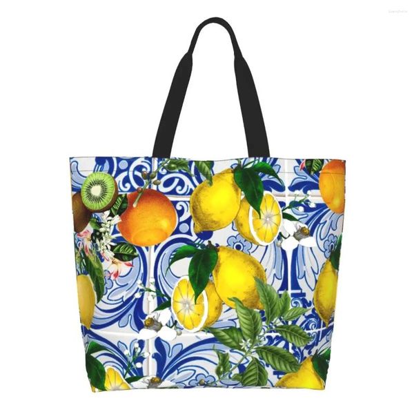 Borse per la spesa Limone su piastrelle in ceramica blu Borsa per la spesa in tela Shopper Tote Borsa a tracolla Borsa estiva portatile per agrumi di grande capacità