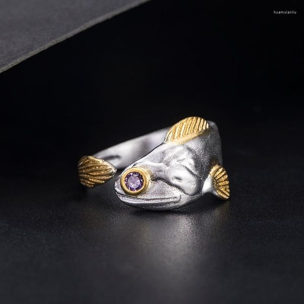 Rings de cluster Real 925 Sterling Silver Creative Personality Design Arowana Fish Animal Open Ring para mulheres Jóias de moda original