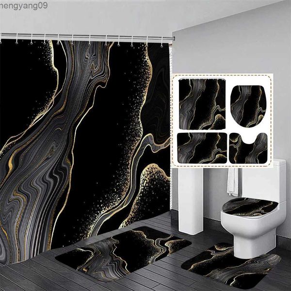 Cortinas de chuveiro preto branco mármore cortina de chuveiro conjunto arte abstrata padrão texturizado moderno decoração do banheiro tapete banho toalete capa r231114