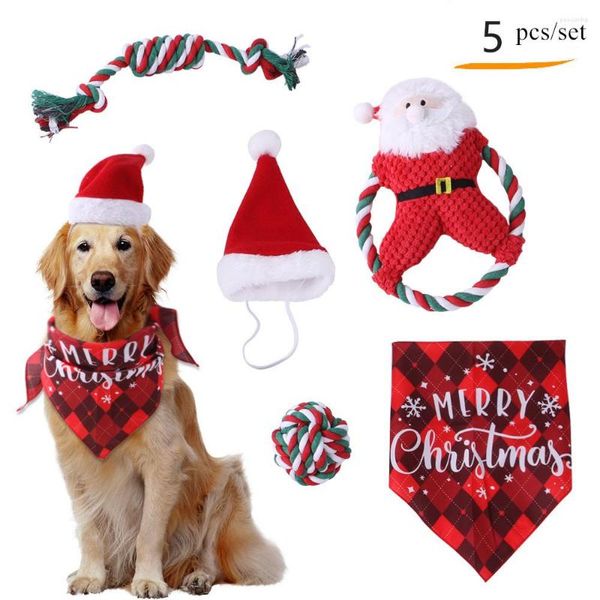 Abbigliamento per cani 5 pezzi/set Forniture natalizie per animali domestici Set Decorazioni per feste per cani Cappello triangolare Fasciatura Giocattoli Accessori