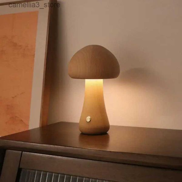 Luzes Noturnas Luz Noturna Com Interruptor De Toque De Madeira Bonito Cogumelo Candeeiro De Mesa De Cabeceira Senso Avançado LED Decorativo Luz Ambiente Cogumelo Q231114