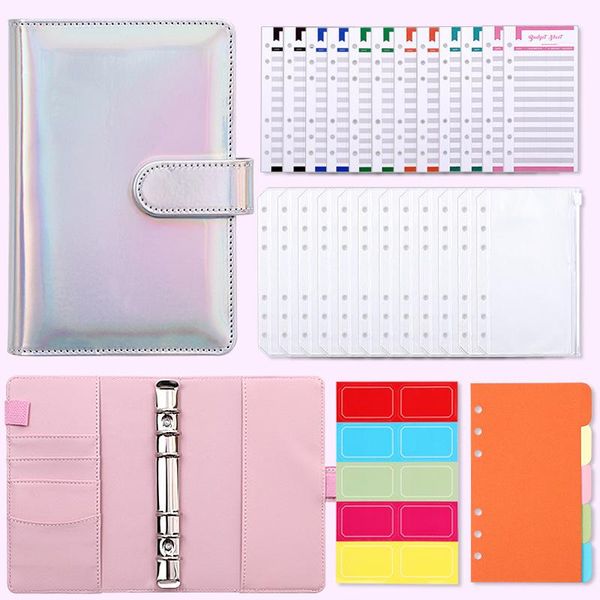 Notizblöcke Macaron Laser A6 Loose-Leaf Eather DIY Binder Notebook Cover Tagebuch Agenda Planer Papier Reißverschluss Geld sparen UmschlagNotizblöcke