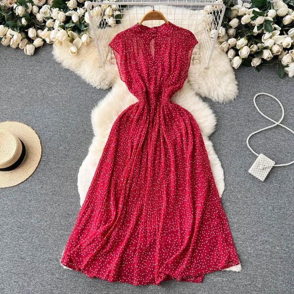 Lässige Kleider Strandurlaub Sommer aushöhlen ärmelloses Ploka Dot Skinny Vintage Femme Vestido hohe elastische Taille französisches schickes Kleid