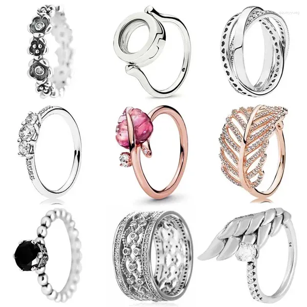 Cluster Ringe Authentischer 925 Sterling Silber Ring Eleganz Rosa Murano Glas Blatt Ineinandergreifender Kreis Herz Für Frauen Geschenk Modeschmuck