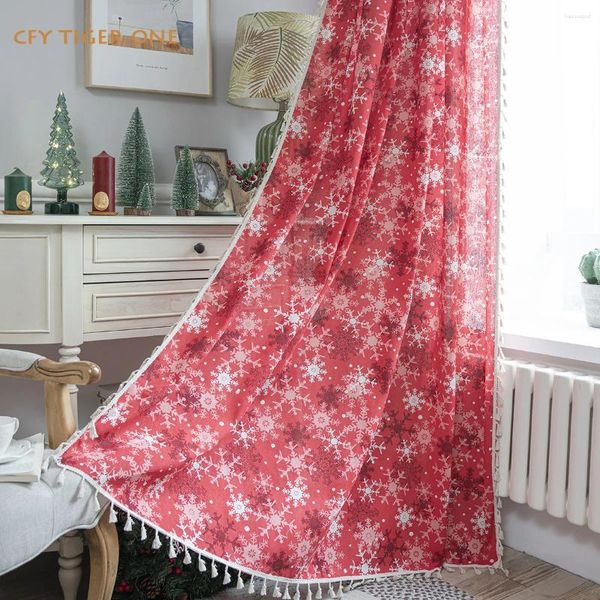 Tenda Cotone Lino Rosso Fiocco Di Neve Natale Camera Da Letto Soggiorno Facile Drappo Per Tende Oscuranti Spesse Per Finestre