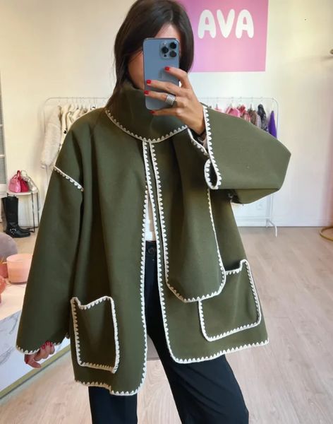 Damen-Wollmischungen, Vintage-Kontrast-Schalkragen, kurze Wolljacke für Damen, schicke Langarm-Cardigan mit Taschen, Herbst-Lady-Party-Mode-Mantel 231114